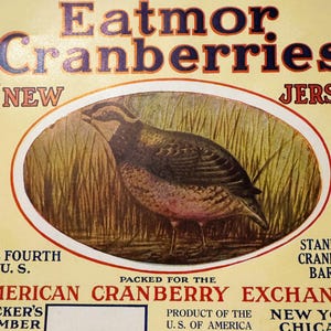 Rare Antique Vintage 1920s Quail Eatmor Cranberries Barrel Label, NY, NJ, CHI