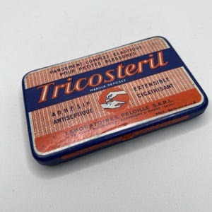 Vintage French Pharmacy advertising tin box 1950&#39;s Tricosteril