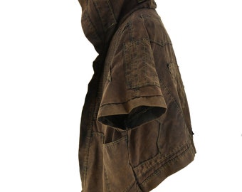 Hooded Stone Wash Brown Cape Poncho