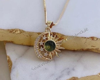 Moldavite Pendant, Raw Moldavite Necklace, Sterling Silver Sun moon Pendant, wedding Necklace, Authentic Moldavite, Mothers day gift, gift