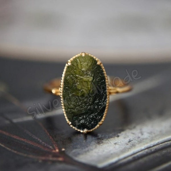 Moldavit-Ring, versteckter natürlicher Moldavit-Ring, Meteorit-Ring, authentischer Moldavit-Ring, handgefertigter Ring, Moldavit-Ehering, Silberring