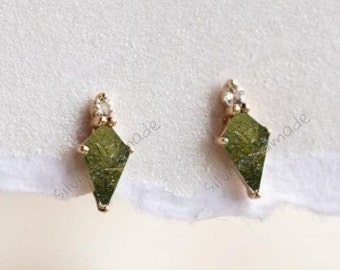 Raw Moldavite Sterling Silver Earrings | Green Hexagon Studs