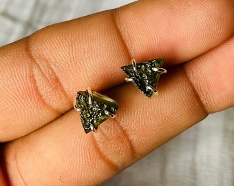 Handmade Triangle Moldavite Stud Earrings: 925 Sterling Silver