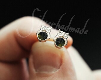 Moldavite Owl Earrings: Rough Gemstone, 925 Sterling Silver Studs