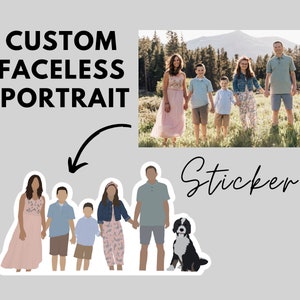May include: A sticker featuring a family of six people and a dog. The people are faceless and are wearing casual clothing. The dog is a Bernese Mountain Dog and is sitting down. The sticker is white with a black outline.