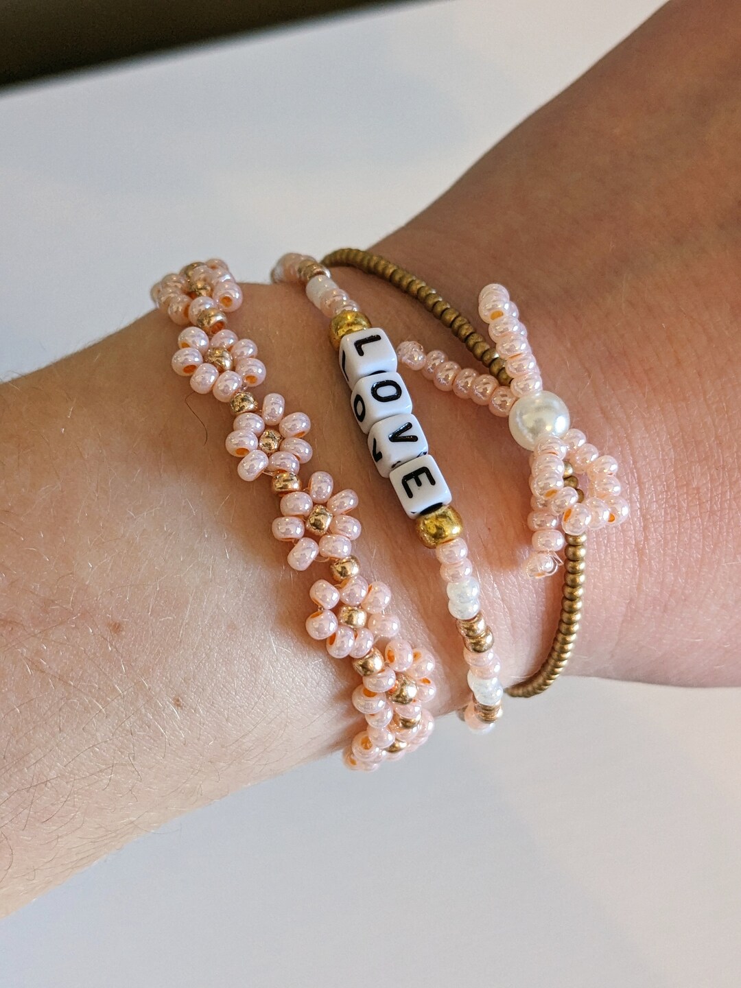 Love Bracelet Pack Pink and Rose Gold Flower, Bow, and Love Beaded ...