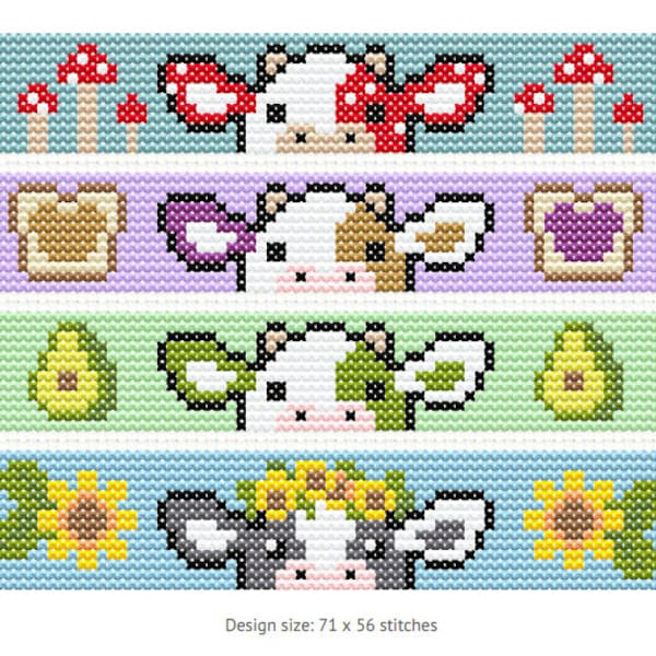 Kawaii Cows Mushroom Bread Avocado Bookmark Bracelet Cross Stitch Pattern