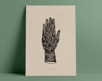 Könnte beinhalten: Eine Schwarzweißillustration einer Hand, aus der ein Baum wächst. Der Text "Le Corps" ist unter dem Bild gedruckt.