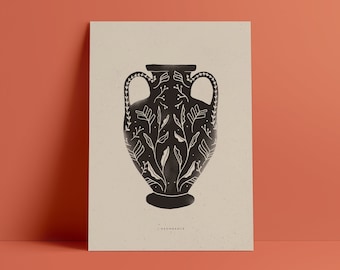 Poster vase with leaf nature black and white minimalist illustration "Abundance"