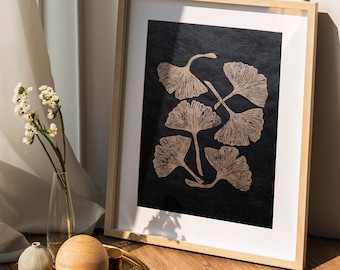 Linocut ginkgo biloba leaf on black and gold paper minimalist poster