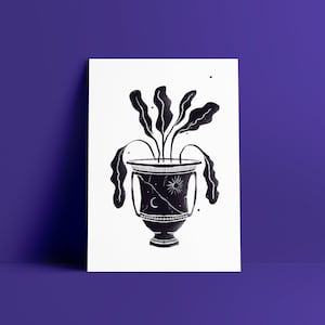 Póster "Jarrón antiguo": Ilustración minimalista en blanco y negro con flores, luna y sol.
