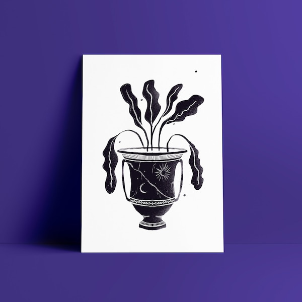 Affiche vase antique avec fleurs monochrome  lune et soleil illustration minimaliste