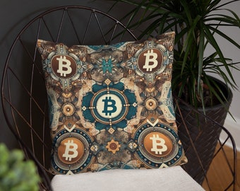 Boho Bitcoin Design Cushion - Abstract Blockchain Motif Throw Pillow, Modern Crypto Home Decor