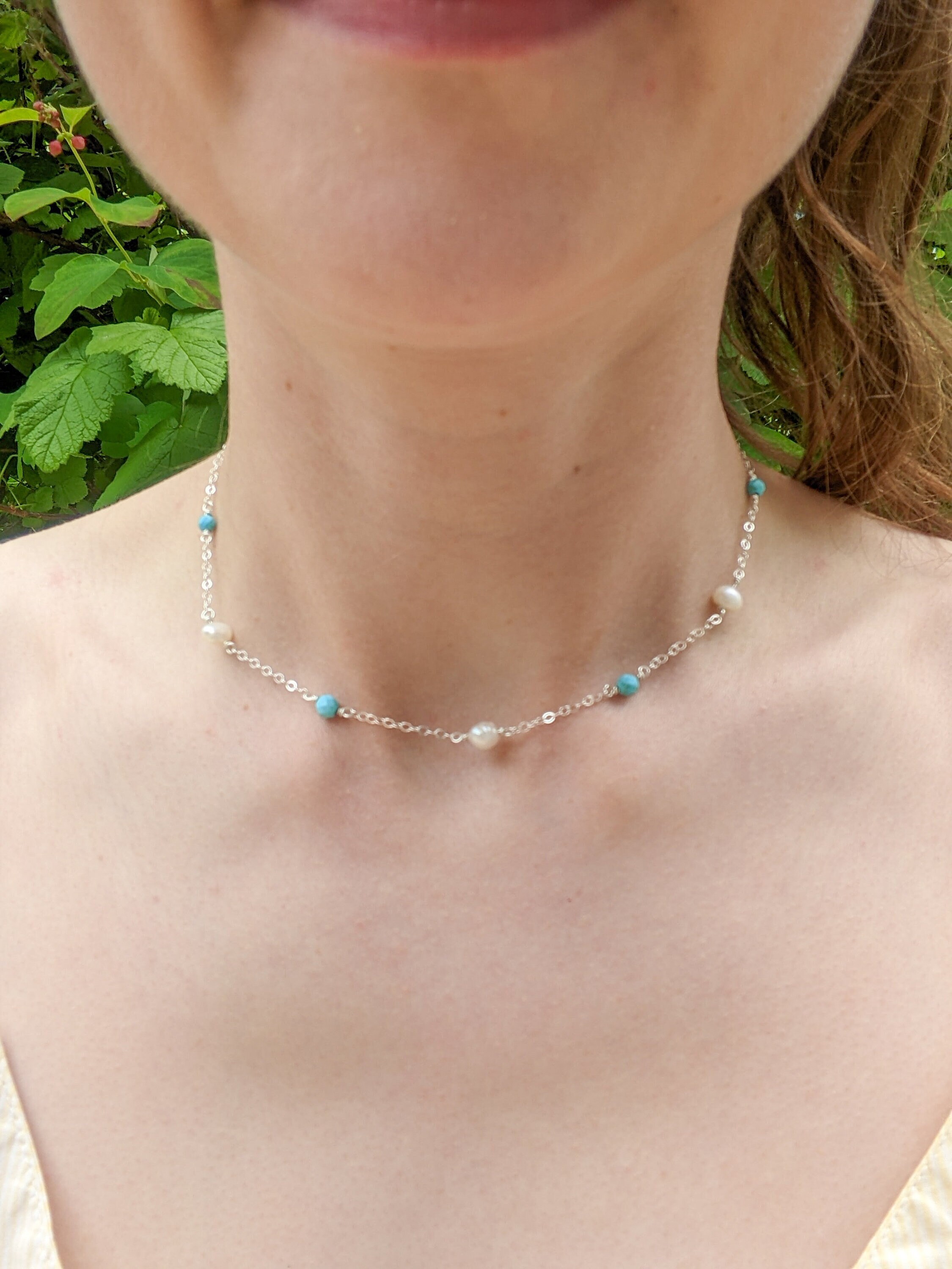 Turquoise and Freshwater Pearl Necklace Made From Recycled