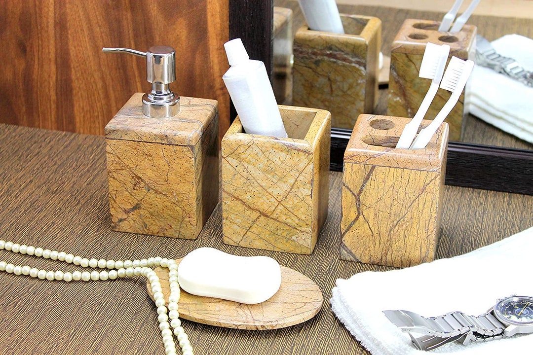 Brown Bathroom Accessory Set Stone Dispenser Marble Bathroom Etsy