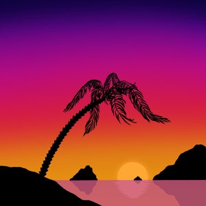 May include: Silhouette of a palm tree on a small island with a setting sun in the background. The sky is a gradient of purple, orange, and yellow.