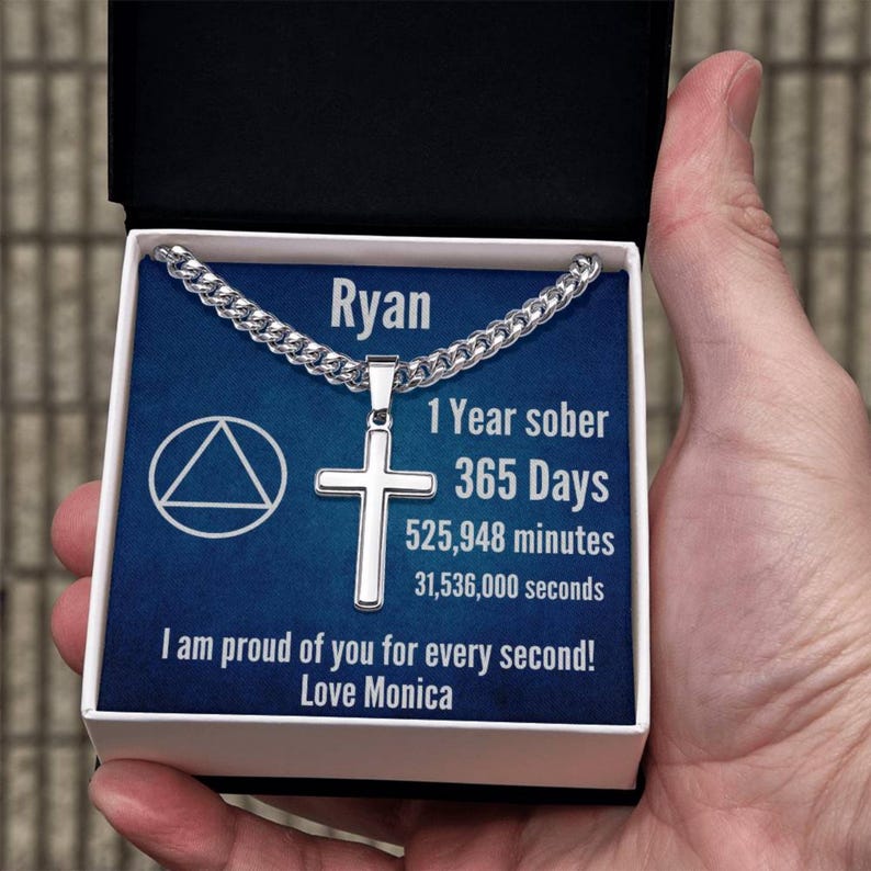 1 Year Sober Birthday Gift Engraved Cross Pendant on Cuban Link Chain AA Sobriety Necklace for