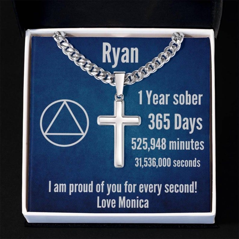 1 Year Sober Birthday Gift Engraved Cross Pendant on Cuban Link Chain AA Sobriety Necklace for
