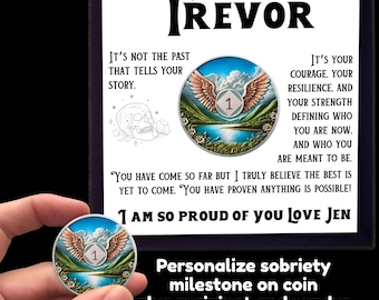 1–65 Years Personalized Sobriety Coin in Gift Box with Card, AA NA Recovery Anniversary, Sober Birthday Chip Milestone Token Wings Keepsake
