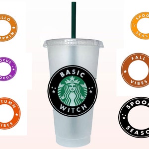 May include: A set of 10 Halloween-themed stickers for reusable cups. The stickers are round and feature various designs, including "Hello Pumpkin", "Hocus Pocus", "Autumn Vibes", "Fall Vibes", "Spooky Season", and "Basic Witch".