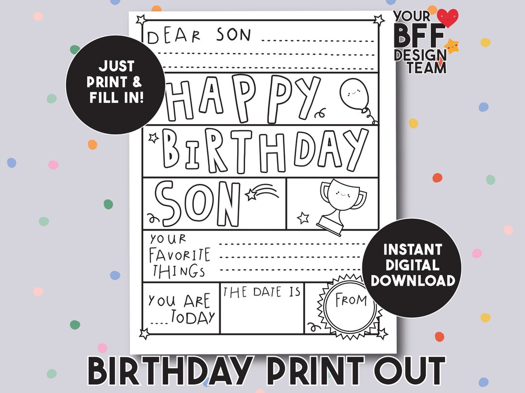 Happy Birthday Son Coloring in Page , Digital Instant Gift, Reusable