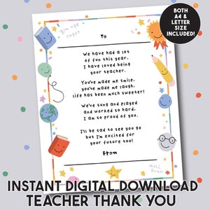 Carta imprimible de fin de año para el maestro, despedida para los alumnos, poema de agradecimiento para el estudiante, nota imprimible, regalo digital de graduación para niños.