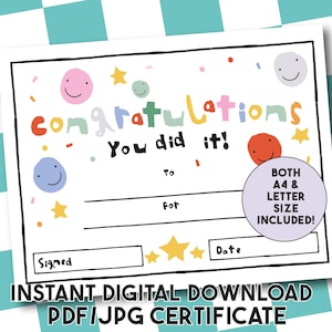 Congratulations Printable Hand Lettered Certificate , School Diploma , Blank Child Certificate , Well Done Award , Letter A4 Size , Digital