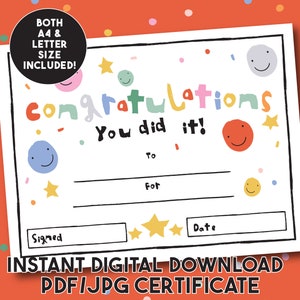 Herzlichen Glückwunsch zum ausdrucken handbeschriftet Urkunde , Schuldiplom , Blanko Kinder Zertifikat , Well Done Award , Letter A4 Format , Digital