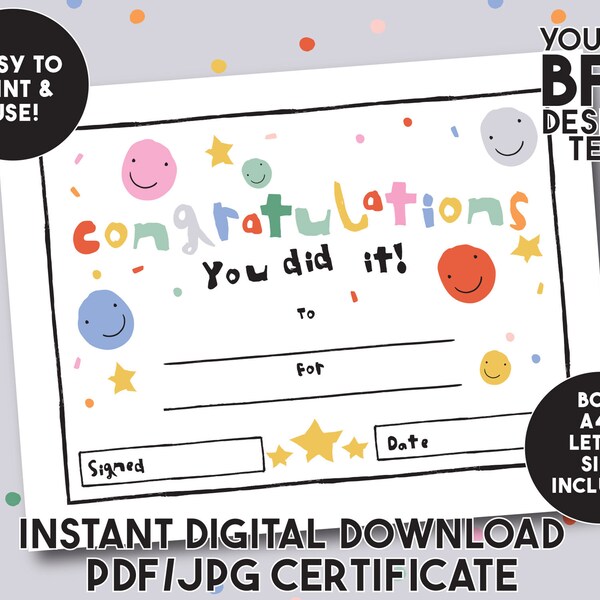 Congratulations Printable Hand Lettered Certificate , School Diploma , Blank Child Certificate , Well Done Award , Letter A4 Size , Digital