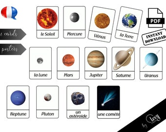 SOLAR SYSTEM BILINGUAL – 26 Montessori Cards + 2 posters – Flashcard pdf printable – Flash Cards Nomenclature – Preschool Materials - Toys