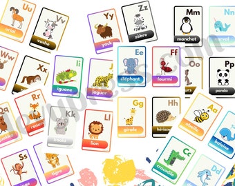 French Animal Alphabet Printable Flashcards for Children, Educational Digital Download