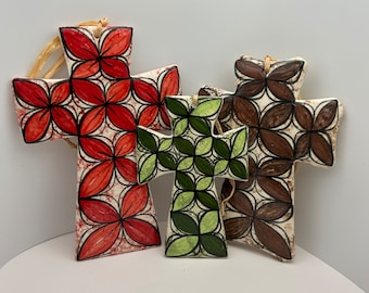 Hawaii Handcrafted Ceramic Tapa Design Cross for Wall Mounted or Hanging Ornaments, Hand Painted, 3 sizes