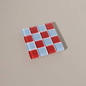 Checkered Glass Tile Coaster Handmade Drink Coaster Square Coaster Housewarming Gift Gift for Her Gift for Him Valentine Gift 3 Red & Blue