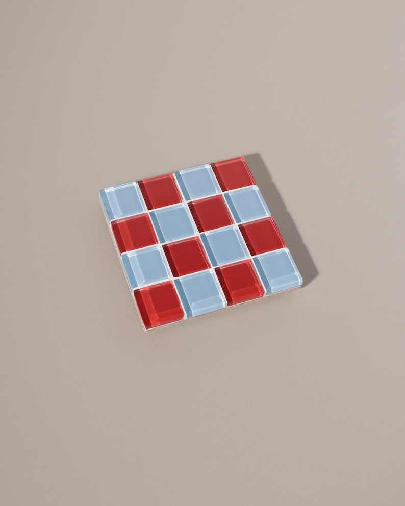 Checkered Glass Tile Coaster Handmade Drink Coaster Square Coaster Housewarming Gift Gift for Her Gift for Him Valentine Gift 3 Red & Blue