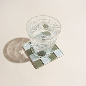 Glass Tile Coaster Handmade Drink Coaster Square Coaster Housewarming Gift Gift for Her Birthday Gifts Gift for Him 6 Olive Green & White
