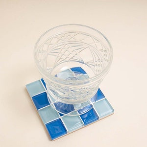 Checkered Glass Tile Coaster Handmade Drink Coaster Square Coaster Housewarming Gift Gift for Her Gift for Him Valentine Gift 3 Lite & Dark Blue