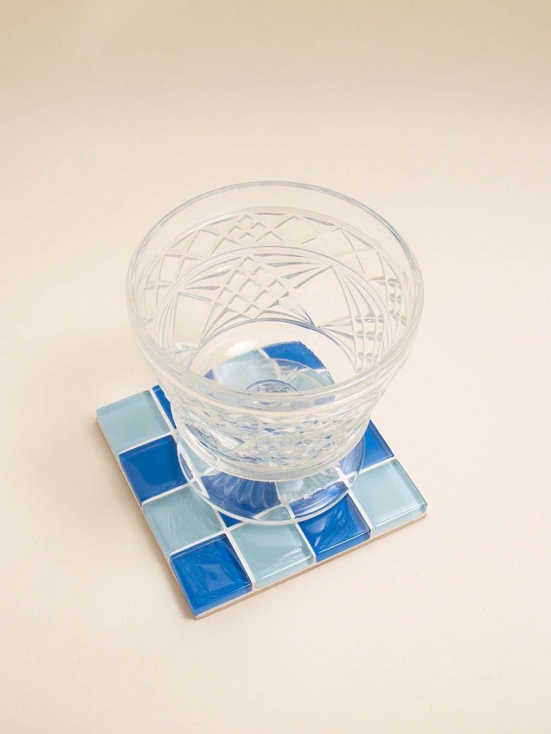 Checkered Glass Tile Coaster Handmade Drink Coaster Square Coaster Housewarming Gift Gift for Her Gift for Him Valentine Gift 3 Lite & Dark Blue