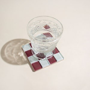 Glass Tile Coaster Handmade Drink Coaster Square Coaster Housewarming Gift Gift for Her Birthday Gifts Gift for Him 6 Maroon & White