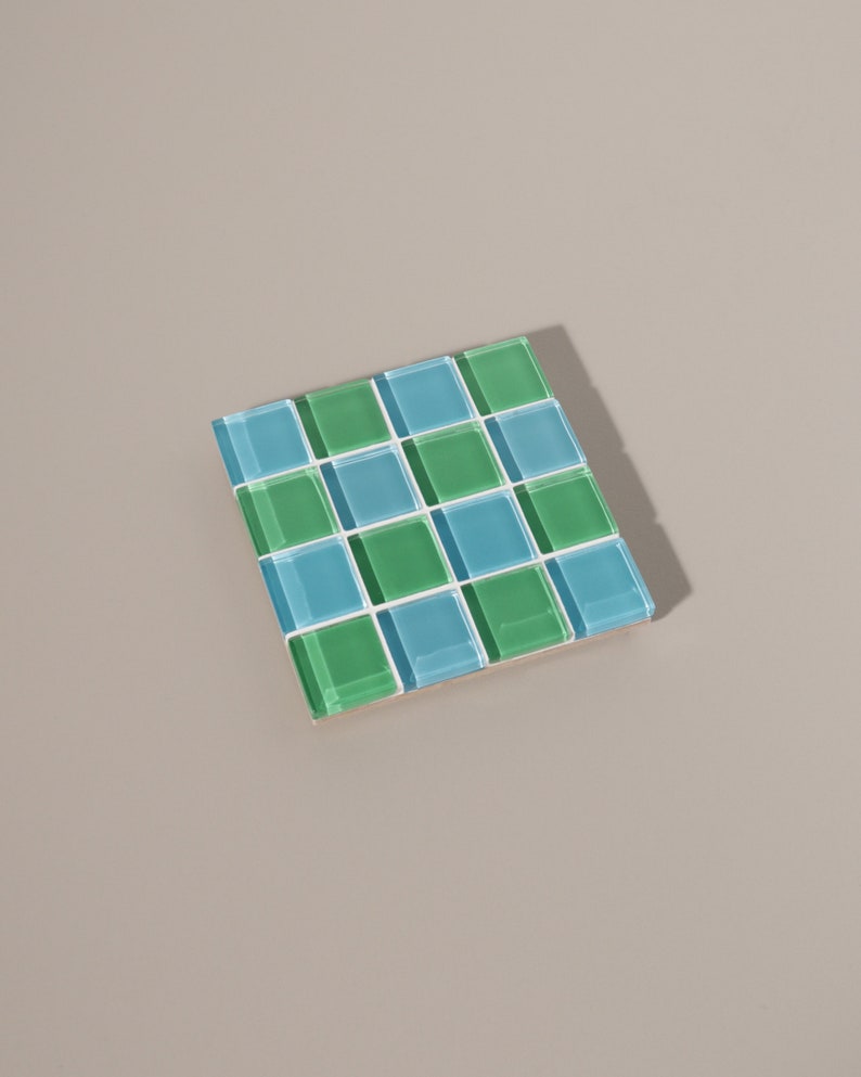 Checkered Glass Tile Coaster Handmade Drink Coaster Square Coaster Housewarming Gift Gift for Her Gift for Him Valentine Gift 3 Green & Blue