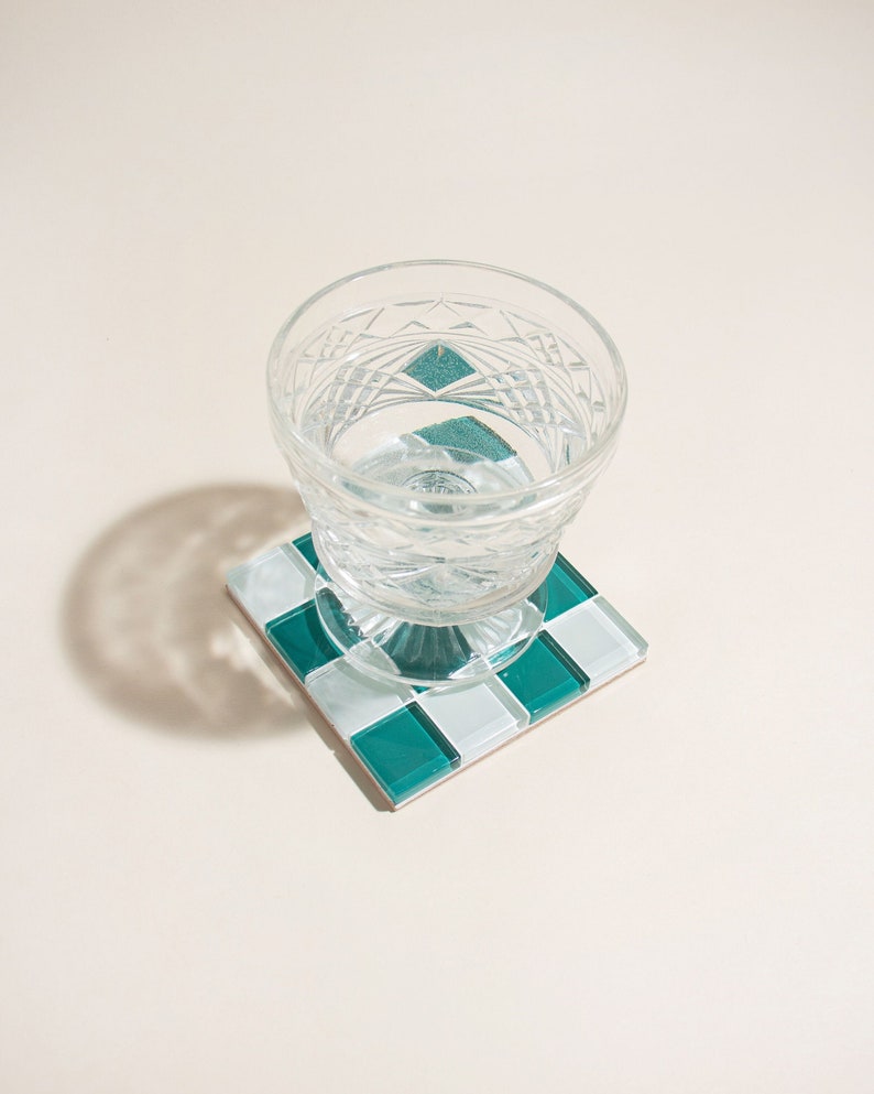 Glass Tile Coaster Handmade Drink Coaster Square Coaster Housewarming Gift Gift for Her Birthday Gifts Gift for Him 6 Teal & White