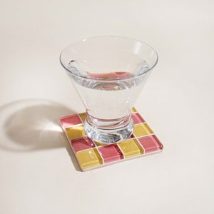 Checkered Glass Tile Coaster Handmade Drink Coaster Square Coaster Housewarming Gift Gift for Her Gift for Him Valentine Gift 3 Yellow & Pink