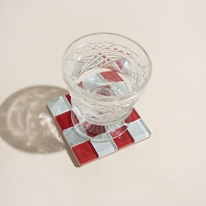 Glass Tile Coaster Handmade Drink Coaster Square Coaster Housewarming Gift Gift for Her Birthday Gifts Gift for Him 6 Cherry Red & White