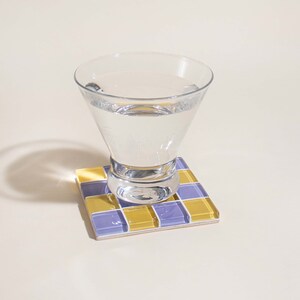 Checkered Glass Tile Coaster Handmade Drink Coaster Square Coaster Housewarming Gift Gift for Her Gift for Him Valentine Gift 3 Yellow & Purple