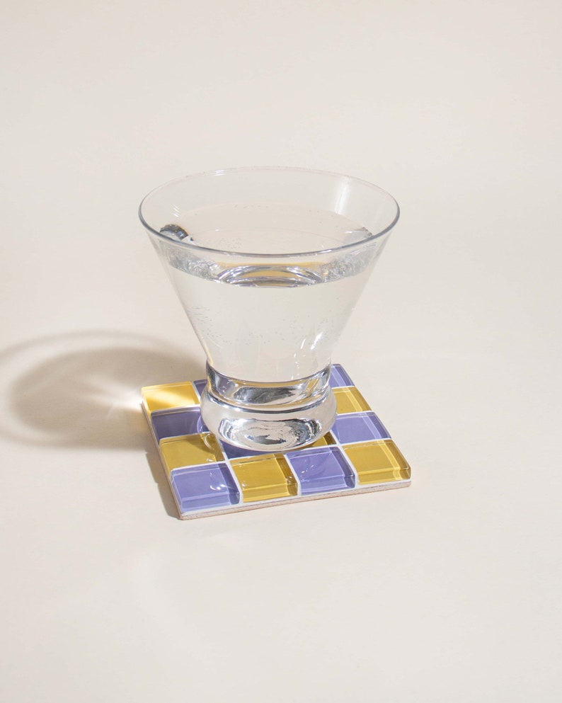 Checkered Glass Tile Coaster Handmade Drink Coaster Square Coaster Housewarming Gift Gift for Her Gift for Him Valentine Gift 3 Yellow & Purple