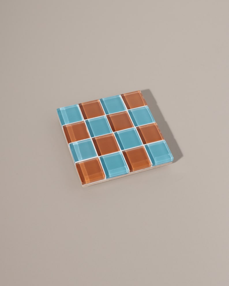 Checkered Glass Tile Coaster Handmade Drink Coaster Square Coaster Housewarming Gift Gift for Her Gift for Him Valentine Gift 3 Blue & Orange