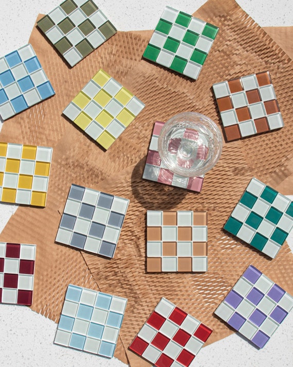 Checkered Drink Coaster Set of 4 Glass Tile Coasters Set of 4 Housewarming Gift Gift for Her Gift for Him Valentine Gift Set Etsy UK