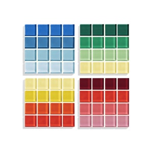 May include: Four sets of 6x6 glass tiles, each set featuring a gradient of color. The first set is blue to light blue, the second is green to yellow, the third is yellow to red, and the fourth is red to pink.