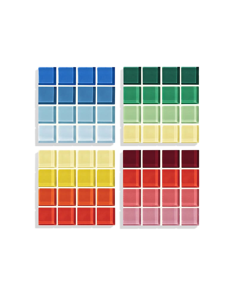 May include: Four sets of 6x6 glass tiles, each set featuring a gradient of color. The first set is blue to light blue, the second is green to yellow, the third is yellow to red, and the fourth is red to pink.