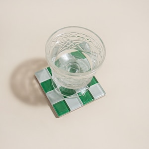 Glass Tile Coaster Handmade Drink Coaster Square Coaster Housewarming Gift Gift for Her Birthday Gifts Gift for Him 6 Kelly Green & White