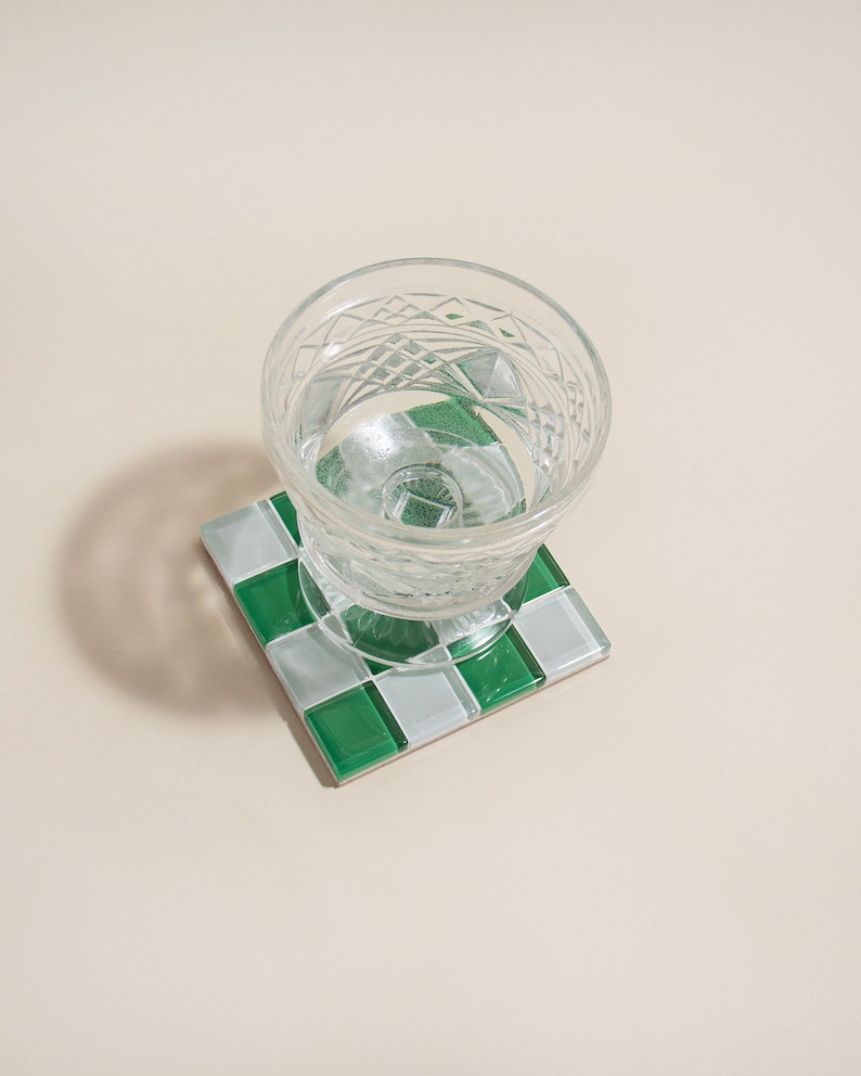 Glass Tile Coaster Handmade Drink Coaster Square Coaster Housewarming Gift Gift for Her Birthday Gifts Gift for Him 6 Kelly Green & White